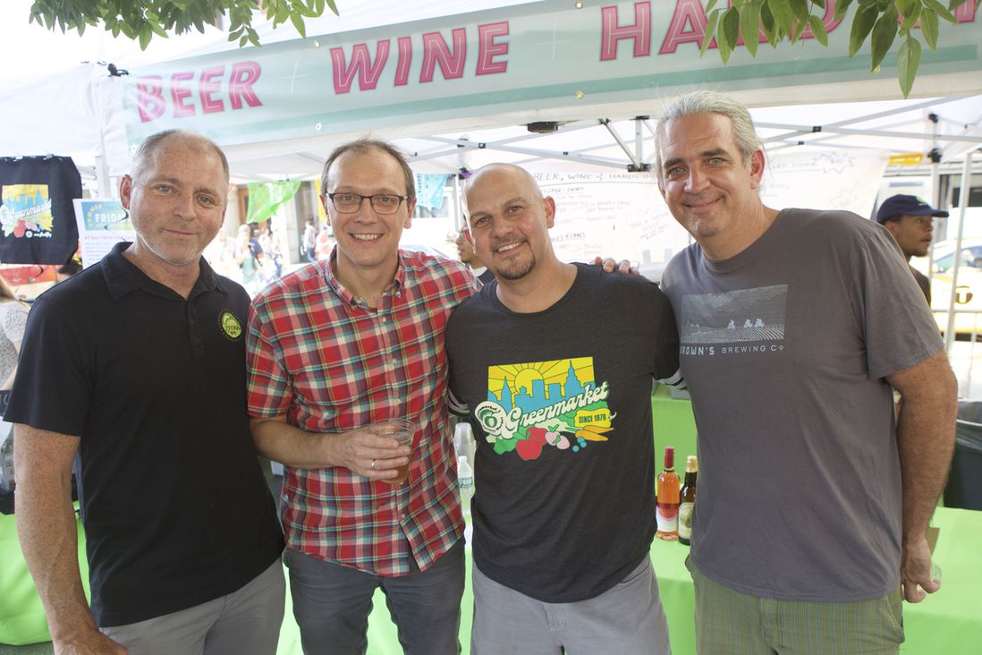 Marcel Van Ooyen, head of GrowNYC; chef Bill Telepan; Greenmarket Director Michael Hurwitz; and Mike Yezzi, the farmer/owner of Flying Pigs Farm<br>